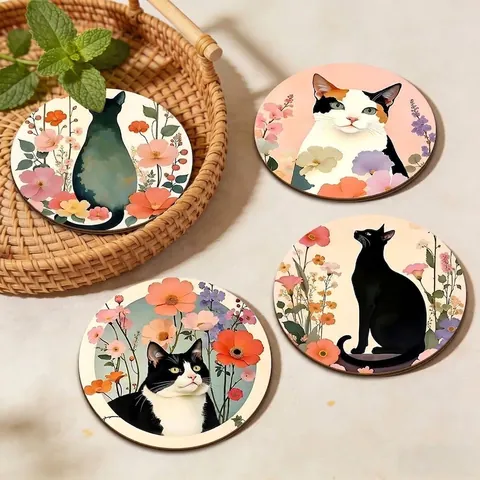 Posavasos de Madera Gato 3D Atravesando La Pared Antideslizantes Con Diseño Floral Estampado Decoración de Mesa para Hogar Oficina Regalo