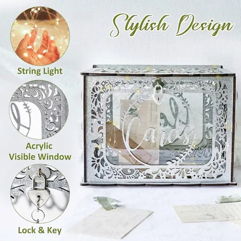 Glitter Wood Wedding Card Box with Lock and LED String Lights Hollow Floral Design Wooden Gift Card Holder for Reception Wedding Party Decoration