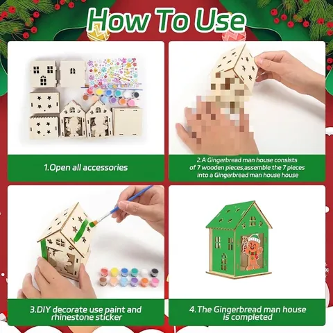DIY Wooden Christmas Gingerbread House Craft Kit For Kids Nativity Scene Assembly Wooden Small House With Paint And Brush