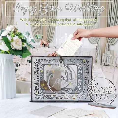 Glitter Wood Wedding Card Box with Lock and LED String Lights Hollow Floral Design Wooden Gift Card Holder for Reception Wedding Party Decoration