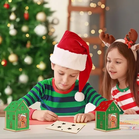 DIY Wooden Christmas Gingerbread House Craft Kit For Kids Nativity Scene Assembly Wooden Small House With Paint And Brush