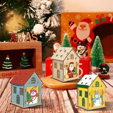 DIY Ξύλινο Χριστουγεννιάτικο Μικρό Σπίτι Διακοσμητικά Κοπή Λέιζερ Εορταστική Σκηνή Κιτ Διακόσμησης Με Χρώματα Και Αυτοκόλλητα Για Διακόσμηση Σπιτιού Πάρτι