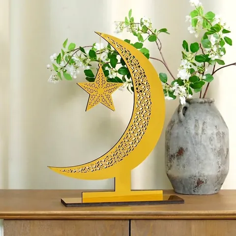Gold Mirror Acrylic Ramadan Decoration Moon Star Ornament Ethnic Hollow Carved Wooden Base Islamic Home Desktop Decor