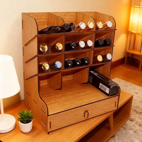 Natuurlijk Houten Cosmetische Opbergdoos Bureau Organizer Met Schuine Roosters en Lade Voor Parfum Make-up Sieraden