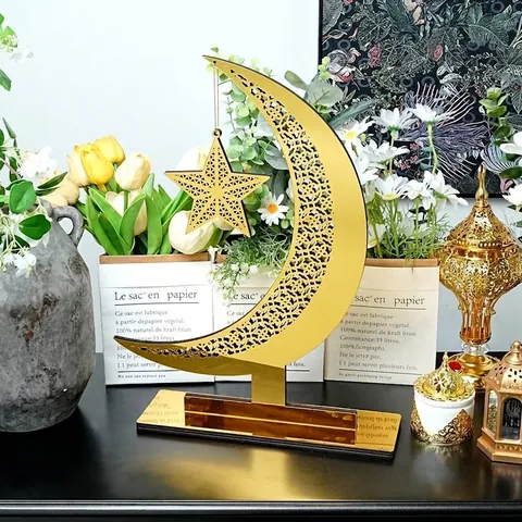 Gold Mirror Acrylic Ramadan Decoration Moon Star Ornament Ethnic Hollow Carved Wooden Base Islamic Home Desktop Decor