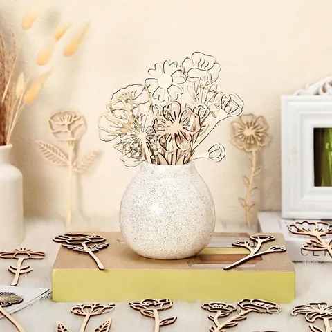 Laser Cut Wooden Wildflower Ornaments with White Ceramic Vase Elegant Tabletop Decorative Floral Statues for Home Office