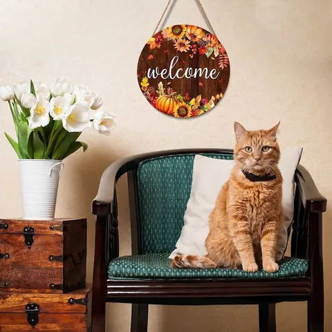 Round Wooden Welcome Sign Fall Harvest Thanksgiving Door Decoration Printed Pumpkin Sunflower Maple Leaf Pattern Wall Plaque