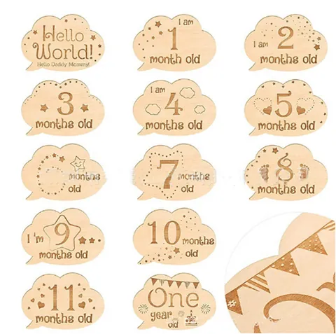 Newborn Baby Milestone Wooden Cloud Cards Monthly Growth Anniversary Commemoration Plaque Photography Props Set