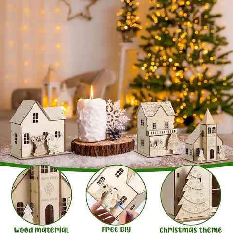 DIY Wooden Christmas Village House Set with Paints Brushes Laser Cut Wood Crafts Christmas Table Decorations Gifts