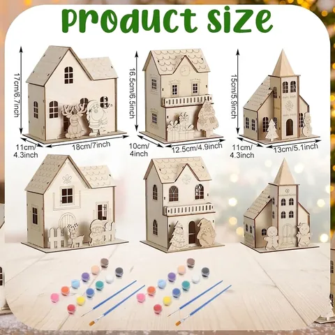 DIY Wooden Christmas Village House Set with Paints Brushes Laser Cut Wood Crafts Christmas Table Decorations Gifts