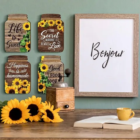 Farmhouse Kitchen Wall Decor Wooden Sunflower Lemon Pattern Mason Jar Shape Inspirational Signs For Home Restaurant