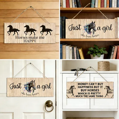 Vintage Wood Horse Hanging Sign Horses Make Me Happy Plaque With Jute Rope Just A Girl Who Loves Horses Home Decor Wall Art