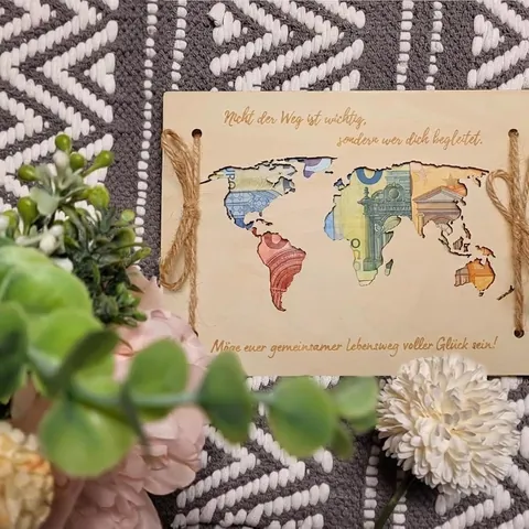 Wooden World Map Hollow Out Money Gift Holder Vintage Travel Theme Greeting Card For Wedding Birthday Party Home Decoration