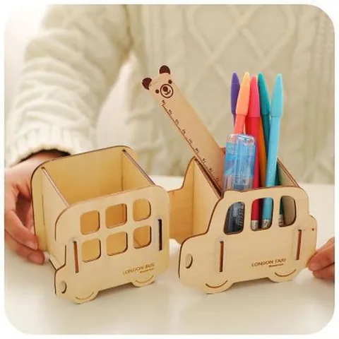 Creative DIY Wooden Car Pen Holder Set Laser Cut Plywood Desk Organizer For Kids Students Office Stationery Storage Box
