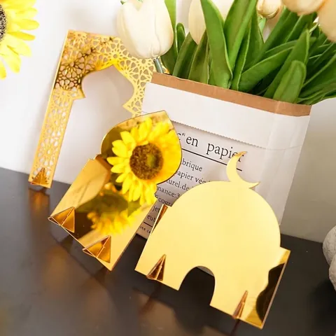 Ramadan Eid Mubarak Decoration Gold Mirror Acrylic Mosque Silhouette Tabletop Ornament Islamic Ethnic Style Home Decor Set
