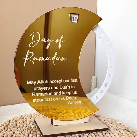 Acryl Spiegel Ramadan Kareem Countdown Kalender Mondform Rotierendes Desktop Ornament Mit Holzsockel Eid Mubarak Home Decor