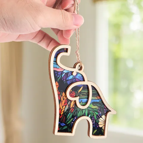 Wood Elephant Hanging Ornament Stained Glass Floral Pattern Printed Decorative Car Charm With Card Friendship Gifts For Women