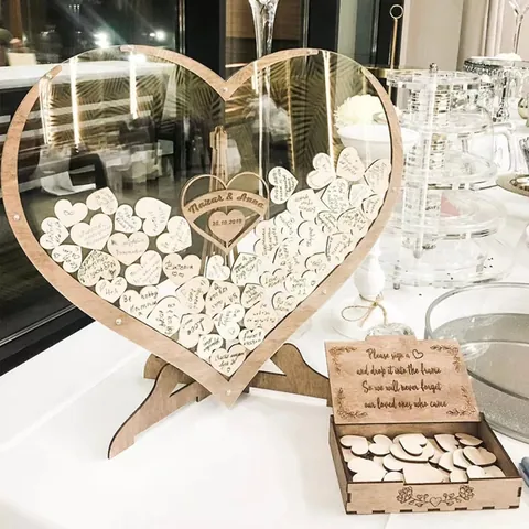 Alternative au Livre d'Or de Mariage en Bois Forme de Cœur Cadre en Acrylique Avec Cœurs en Bois pour Décoration de Mariage