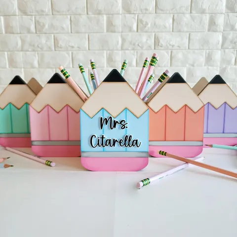 Creative Pencil Shaped Wooden Pen Holder Desktop Storage Box Macaron Color Stationery Organizer Office School Desk Ornament Gift