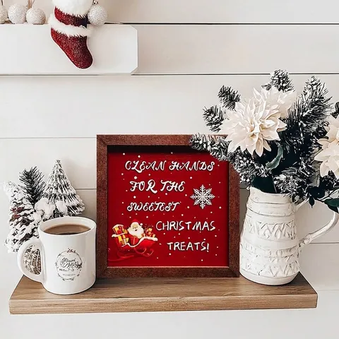 Wooden Christmas Decorative Sign Santa Claus Snowflakes Print Tabletop Plaque Rustic Home Wall Decor Festive Gift Ornament