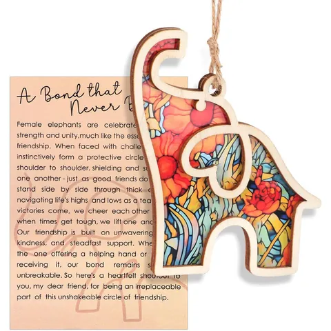 Ornamento Appeso Elefante in Legno Motivo Floreale Vetrate Colorate Ciondolo Auto Decorativo Con Biglietto Regalo Amicizia Donna