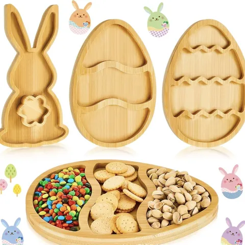 Bamboo Easter Snack Tray Rabbit And Egg Shape Compartment Serving Platter Home Kitchen Decor Festive Food Storage Tray