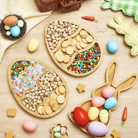 Bamboo Easter Snack Tray Rabbit And Egg Shape Compartment Serving Platter Home Kitchen Decor Festive Food Storage Tray