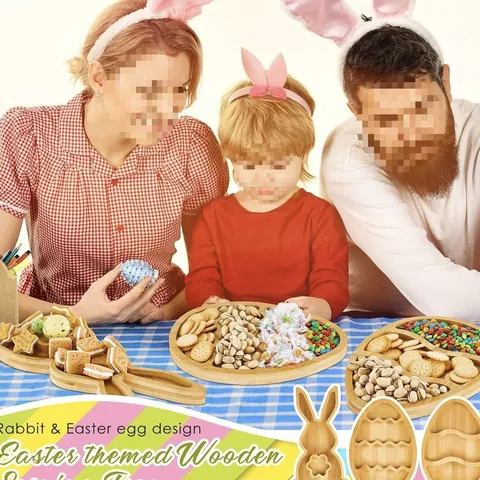 Bandeja de Bambú para Snacks de Pascua con Forma de Conejo y Huevo Compartimento Plato de Servicio Decoración del Hogar y Cocina Bandeja Festiva