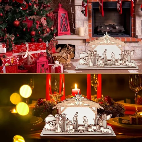 Escena del Nacimiento Adorno de Mesa de Madera Navidad Corte Láser Figuras de Establo de Jesús para Decoración de Interior