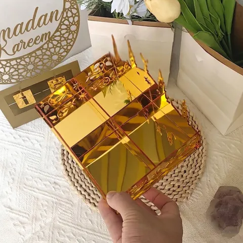 Έθνικ Χρυσό Ακρυλικό Κουτί Γλυκών Ramadan Mubarak Σιλουέτα Τζαμιού Διάτρητο Eid Mubarak Διακοσμητικό Στολίδι Επιτραπέζια Αποθήκευση