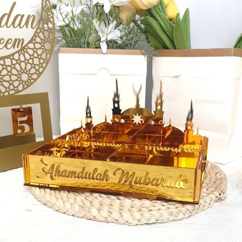 Έθνικ Χρυσό Ακρυλικό Κουτί Γλυκών Ramadan Mubarak Σιλουέτα Τζαμιού Διάτρητο Eid Mubarak Διακοσμητικό Στολίδι Επιτραπέζια Αποθήκευση