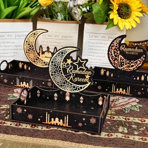 Ramadan Wooden Tray Eid Mubarak Decoration Black Gold Mosque Star Moon Pattern Serving Tray Islamic Home Table Decor Gift
