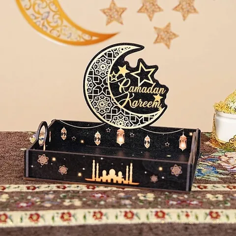 Ramadan Wooden Tray Eid Mubarak Decoration Black Gold Mosque Star Moon Pattern Serving Tray Islamic Home Table Decor Gift