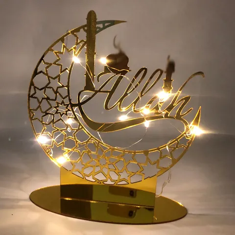 Ακρυλικό Διακοσμητικό Καθρέφτης Ramadan Kareem Φεγγάρι Αστέρι Ισλαμικό Eid Mubarak Επιτραπέζια Διακόσμηση με LED Φως Χαλκού