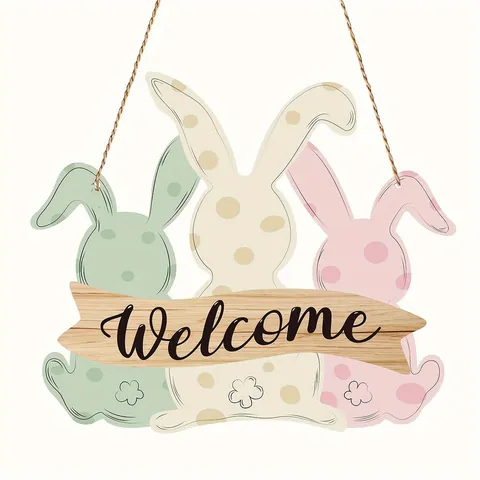 Easter Bunny Wooden Welcome Sign Rustic Rabbit Door Hanger Spring Holiday Home Decor Entryway Wall Decoration Indoor Outdoor