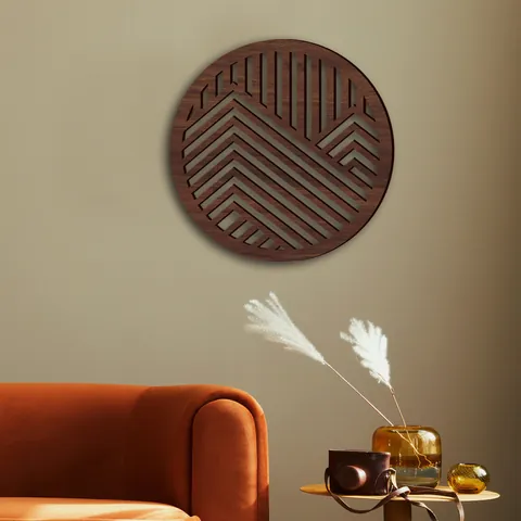Decoración de Pared Creativa Redonda de Madera Geométrica Patrón de Montaña Hueca Adhesivo de Tilo para Decoración de Fondo del Hogar Arte Moderno