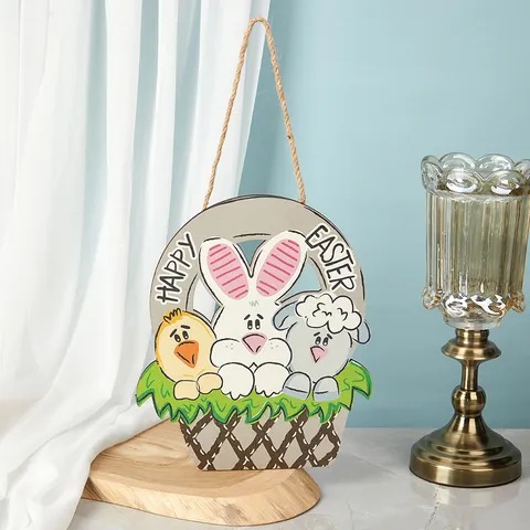 Easter Wooden Hanging Bunny Rabbit Sign With Floral Decor Happy Easter Day Basket Eggs Design Pastoral Outdoor Door Wreath Home Wall Decorations