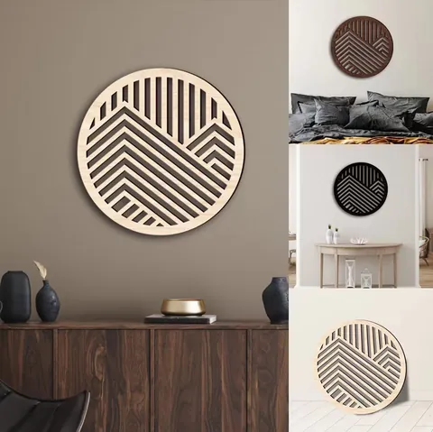 Decoración de Pared Creativa Redonda de Madera Geométrica Patrón de Montaña Hueca Adhesivo de Tilo para Decoración de Fondo del Hogar Arte Moderno