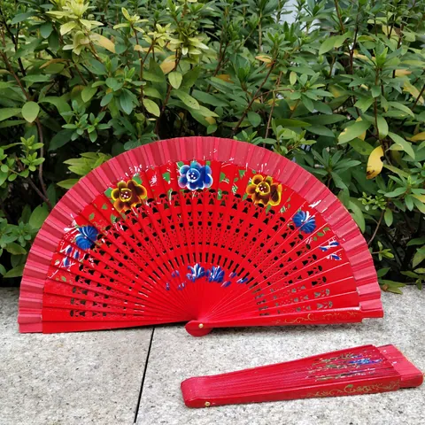 Abanico Plegable de Madera Pintado a Mano Estilo Gitano Español Rojo Floral Calado para Boda Fiesta Actuación