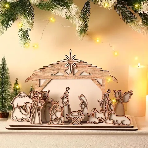 Escena del Nacimiento Adorno de Mesa de Madera Navidad Corte Láser Figuras de Establo de Jesús para Decoración de Interior