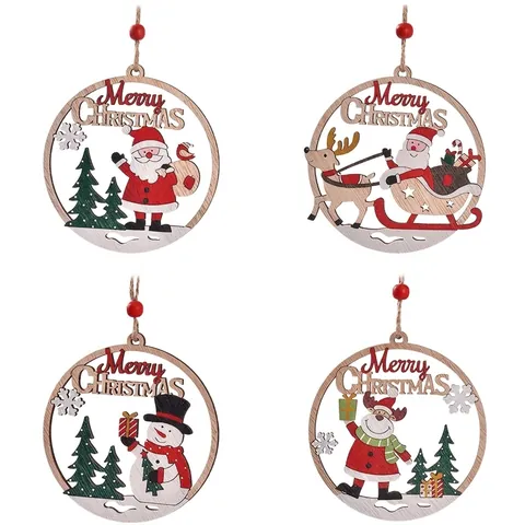 Adornos Colgantes de Madera Calada de Navidad Estilo Nórdico Rodajas de Madera Impresas Con Papá Noel Reno Muñeco de Nieve