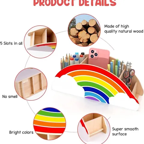 Kids Rainbow Desk Organizer Wooden Pen Holder Art Supply Caddy for Markers Pencils Crayons Cute Desktop Stationery Storage Box