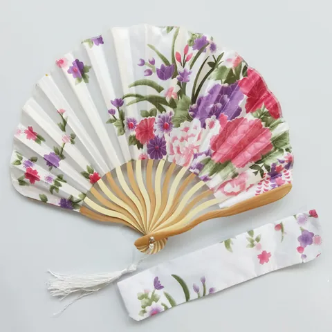 Oriental Vintage Satin Floral Folding Fan with Bamboo Ribs and Matching Bag Tassel for Women Chinese Style Dance Wedding Decor