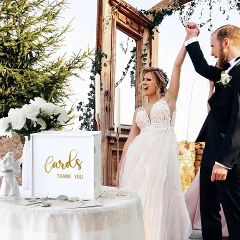 White PVC Wedding Gift Card Box with Lock Gold Foil Cards Thank You Design for Reception Graduation Birthday Party Decoration