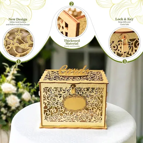 Glitter Gold Wedding Card Box With Lock Hollow Rose Floral Pattern Wood Acrylic Gift Card Box For Graduation Party Supplies