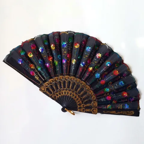 Spanish Style Folding Fan Sequin Embroidery Peacock Feather Pattern PE Plastic Frame Hand Fan For Dance Wedding Home Decor