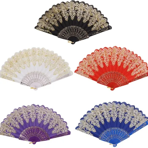 Abanico Plegable de Encaje con Estampado en Caliente Lujoso Vintage Floral Abanico de Danza Decoración de Boda Elegante