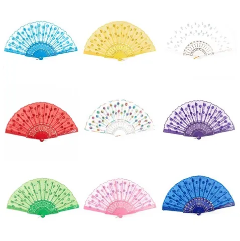Chinese Style Sequin Folding Fan Hand Embroidered Decorative Hand Fan With Colorful Plastic Ribs For Wedding Dance Party Performance