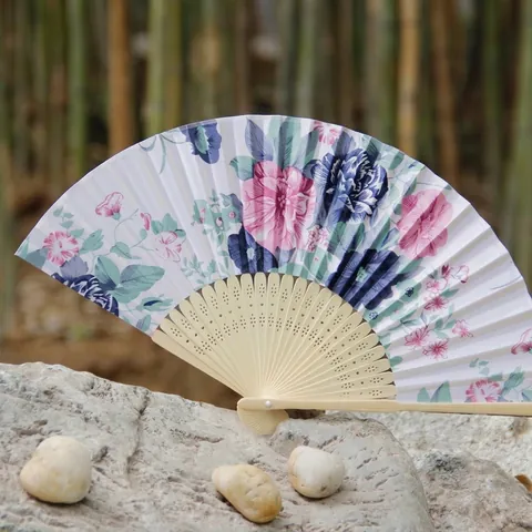 Chinese Style Silk Folding Fan with Bamboo Ribs Floral Printed Hand Fan for Women Wedding Gift Japanese Style Handheld Fan
