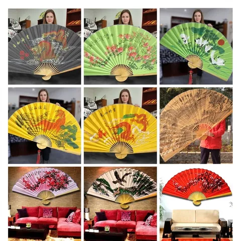 Abanico Plegable Decorativo Chino Grande para Pared Bambú Seda Arte Oriental Paisaje Dragón para Sala de Estar Oficina